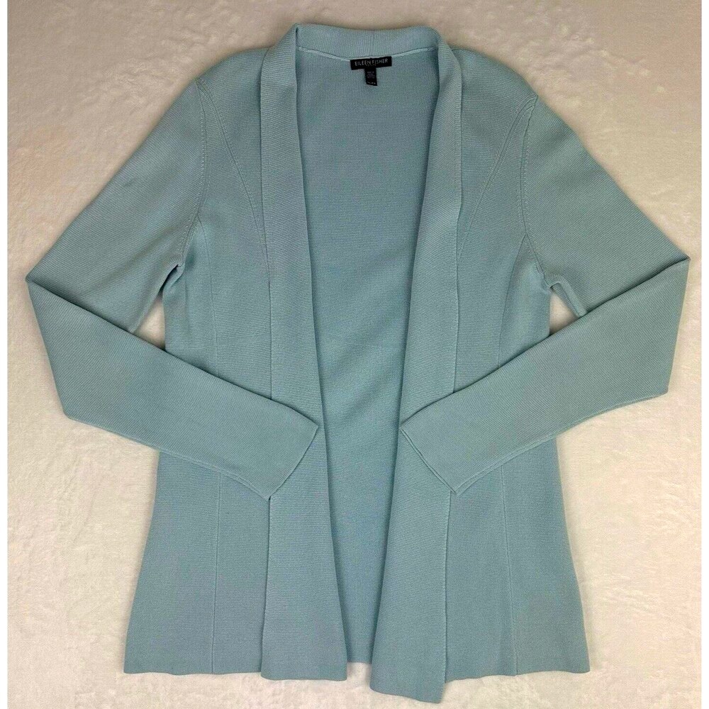 Eileen Fisher Cardigan Sz PL Womens Blue Silk Blend Knit Open Front Sweater